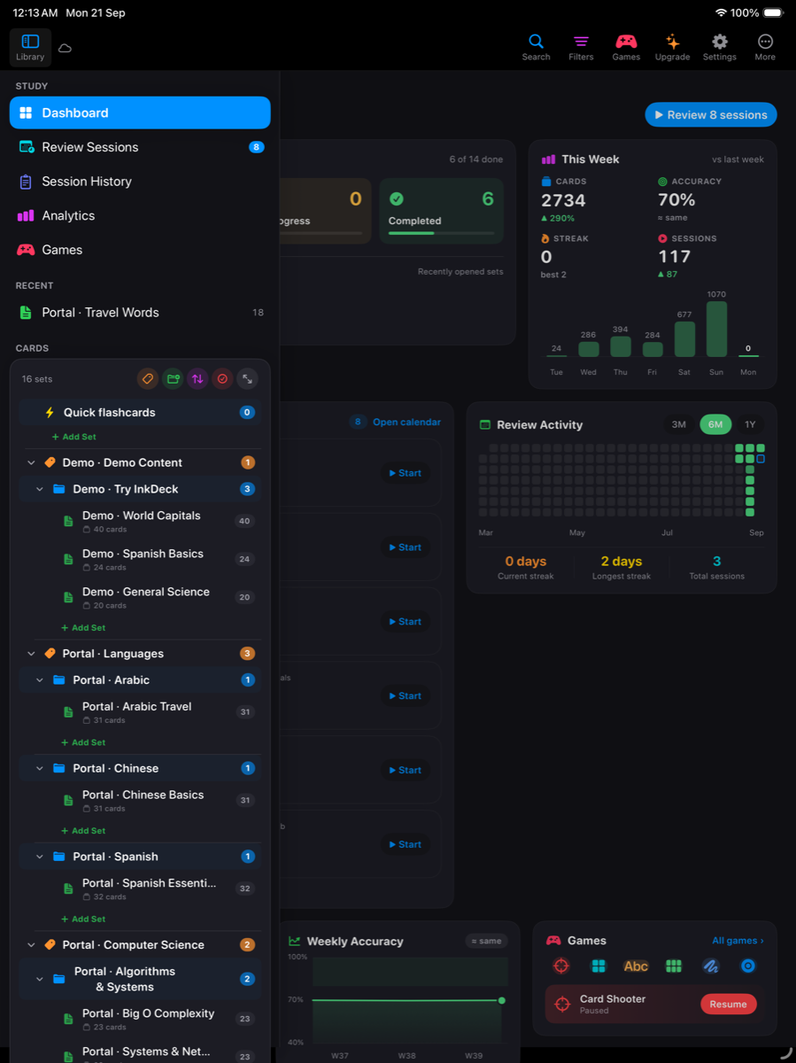 InkDeck on iPad — home with Dashboard and organised folders.