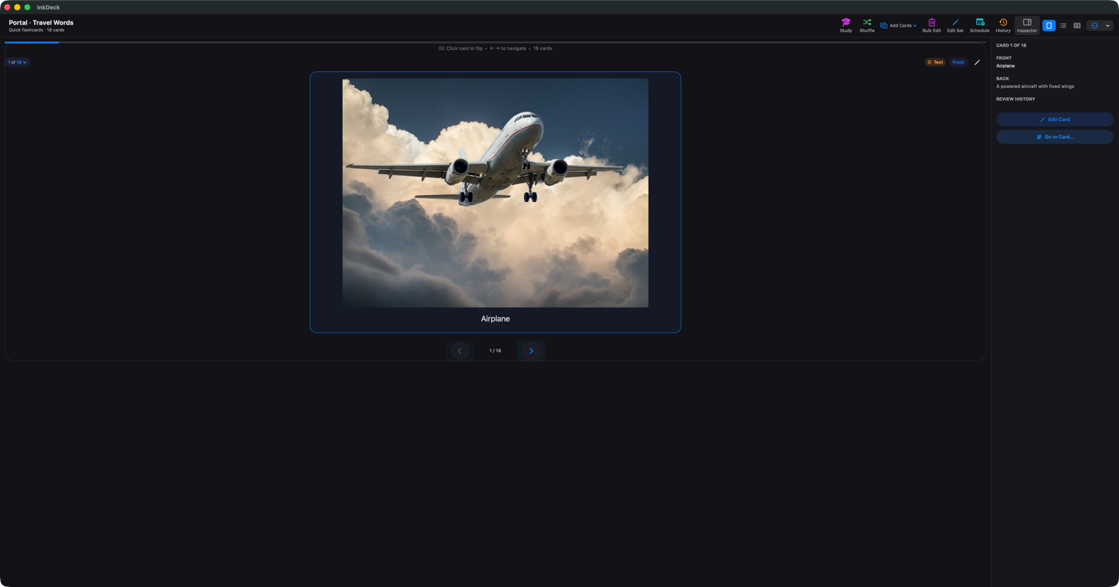 InkDeck on Mac — rich media flashcard in the card browser.