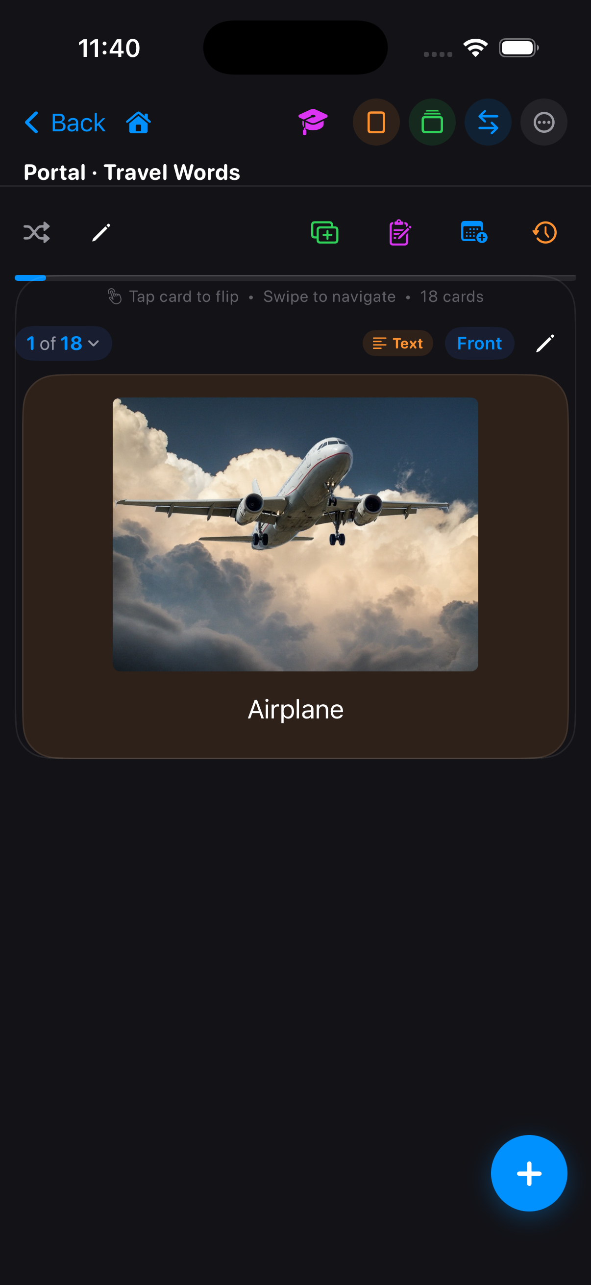 InkDeck on iPhone — rich media card with a photo of an airplane on the front.