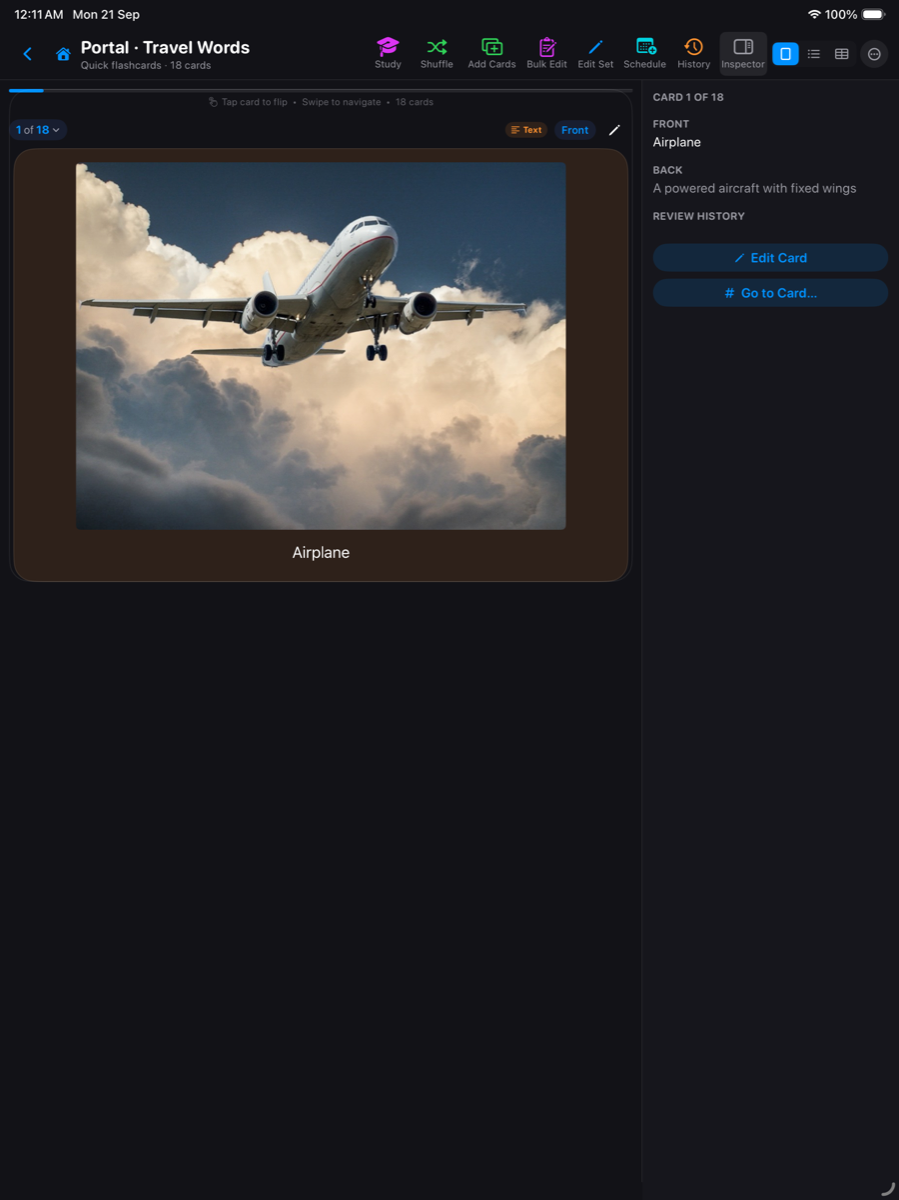 InkDeck on iPad — rich media flashcard in the card browser.